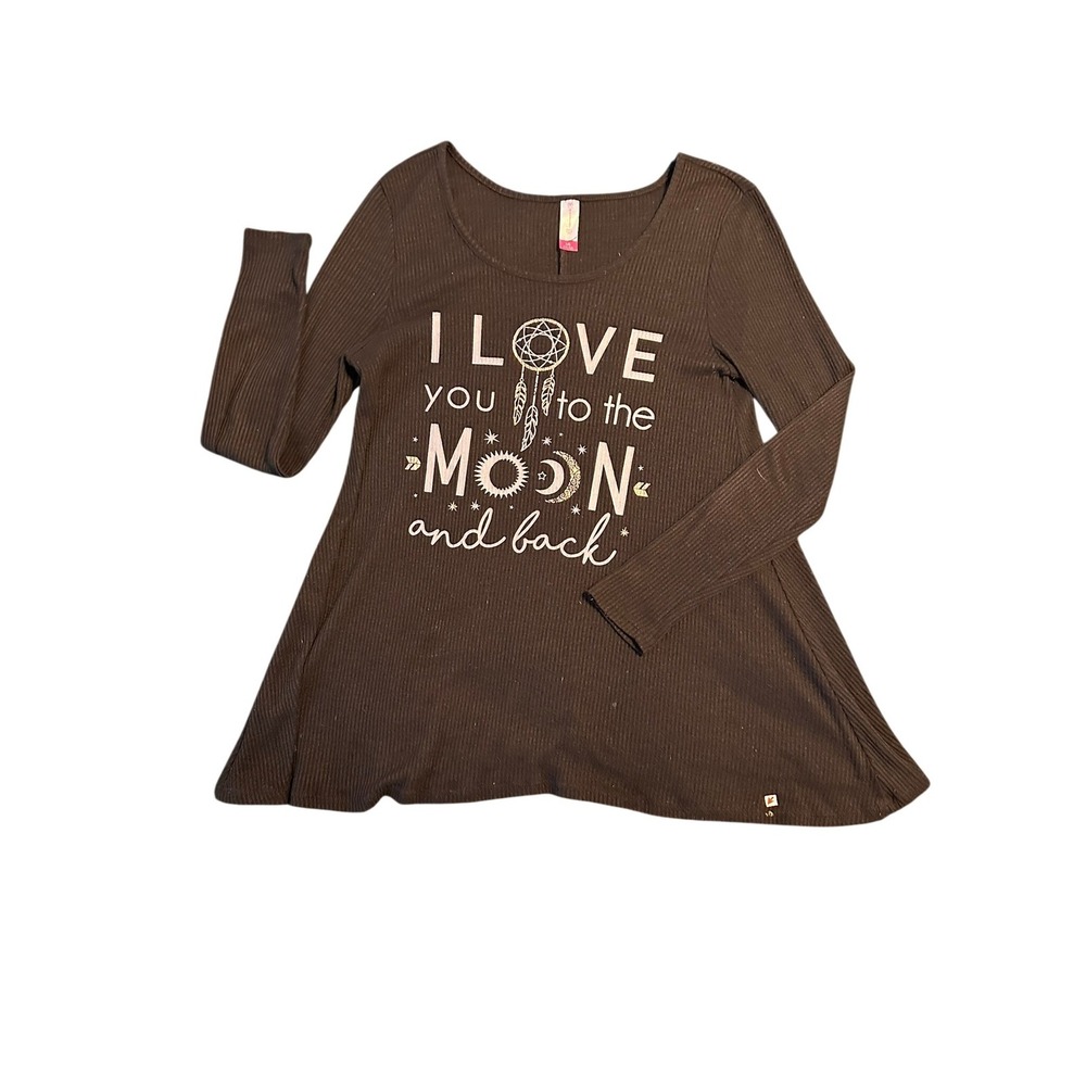 No Boundaries Womens Brown Ribbed I Love You To The Moon And Back Tunic Top L